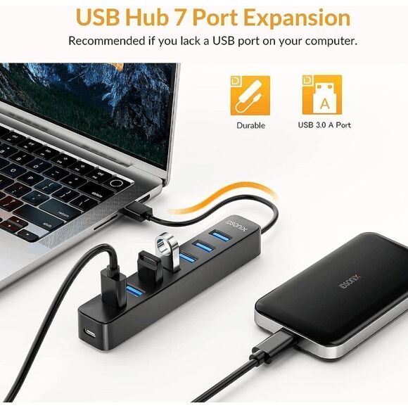 7 Ports USB Splitter Portable USB Hub for Laptop, iMac, Surface Pro, XPS, Camera - Picture 3 of 8